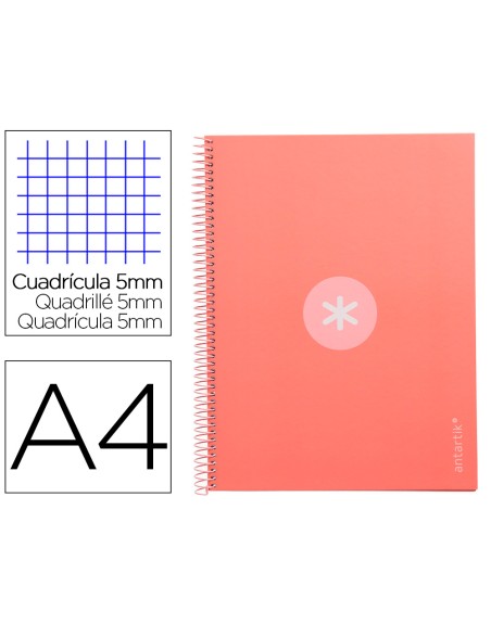 Cuaderno espiral a4 micro antartik tapa forrada 80h 90 gr cuadro 5mm 1 banda 4 taladros rosa claro