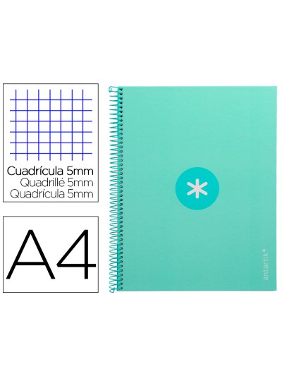 Cuaderno espiral a4 micro antartik tapa forrada 80h 90 gr cuadro 5mm 1 banda 4 taladros menta