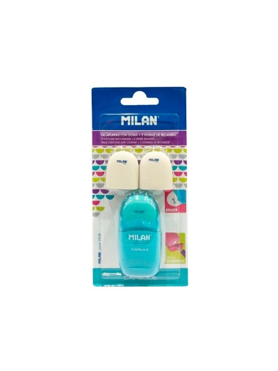 Sacapuntas milan capsule plastico 1 uso con goma + 2 recambios de goma en blister