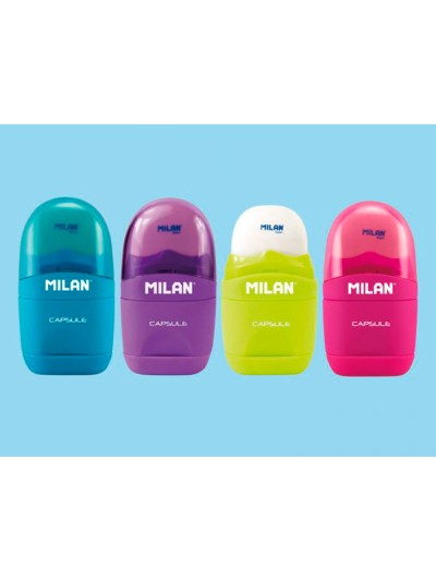 Sacapuntas milan capsule plastico 1 uso con goma + 2 recambios de goma en blister