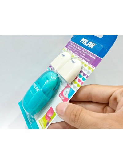 Sacapuntas milan capsule plastico 1 uso con goma + 2 recambios de goma en blister