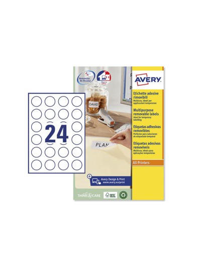 Etiqueta adhesiva avery blanca redonda removible para laser ink-jet fotocopiadora 37 mm caja de 600 unidades
