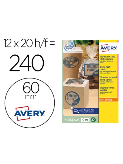 Etiqueta adhesiva avery kraft efecto carton redonda 60 mm removible para laser ink-jet caja de 300 unidades