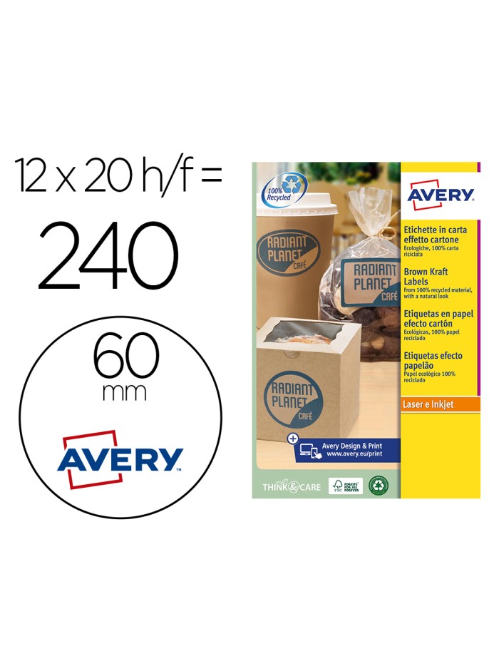 Etiqueta adhesiva avery kraft efecto carton redonda 60 mm removible para laser ink-jet caja de 300 unidades Etiqueta adhesiva avery kraft efecto carton redonda 60 mm removible para laser ink-jet caja de 300 unidades
