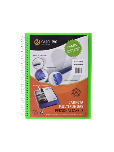 Carpeta carchivo archivex polipropileno canguro verde escaparate con espiral 40 fundas cierre gomas din a4
