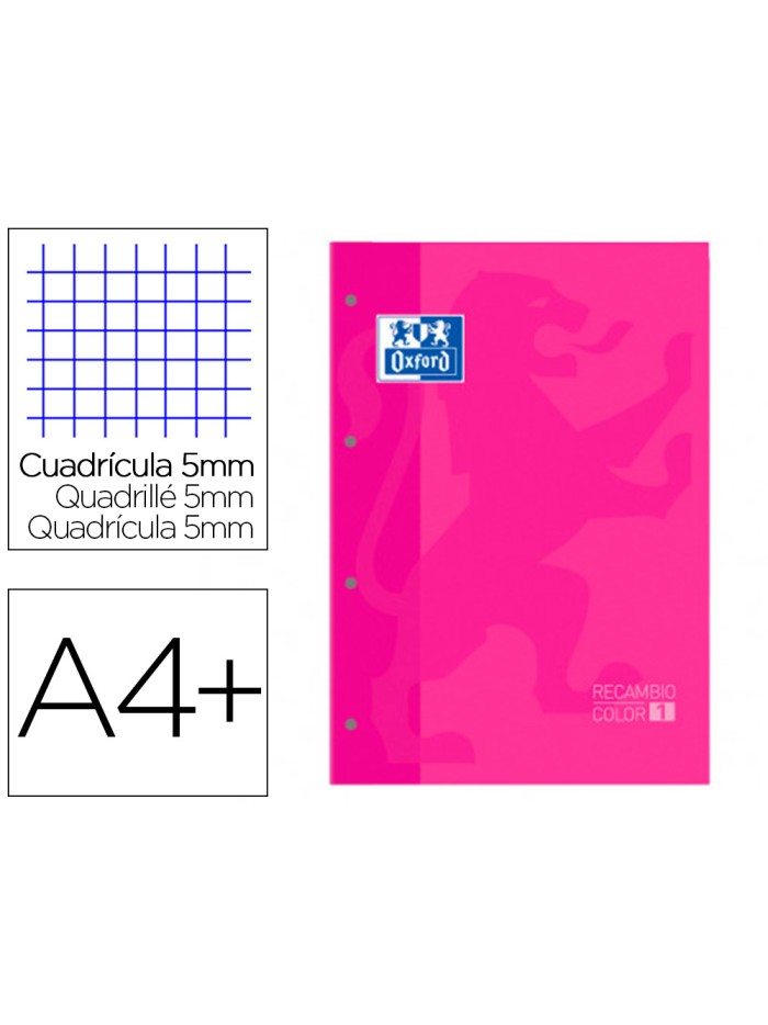 Recambio color 1 oxford din a4+ 80 hojas 90 gr cuadro 5 mm 4 taladros color fucsia Recambio color 1 oxford din a4+ 80 hojas 90 gr cuadro 5 mm 4 taladros color fucsia