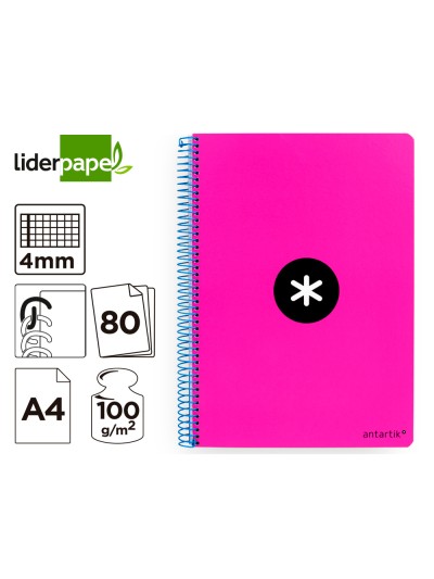 Cuaderno espiral a4 antartik tapa dura 80h 90gr cuadro 4mm con margen color rosa fluor