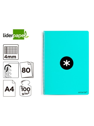 Cuaderno espiral a4 antartik tapa dura 80h 90gr cuadro 4mm con margen color menta