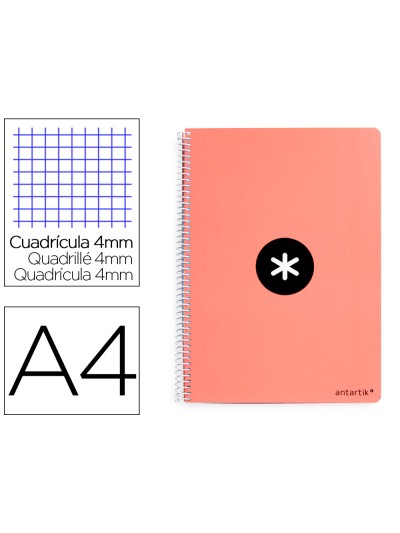 Cuaderno espiral a4 antartik tapa dura 80h 90gr cuadro 4mm con margen color coral