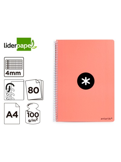 Cuaderno espiral a4 antartik tapa dura 80h 90gr cuadro 4mm con margen color coral