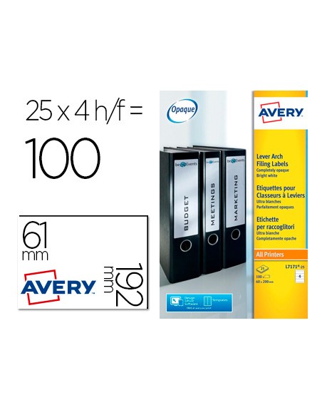Etiqueta adhesiva avery permanente blanca 61x192 mm para lomo archivador laser caja de 100 unidades