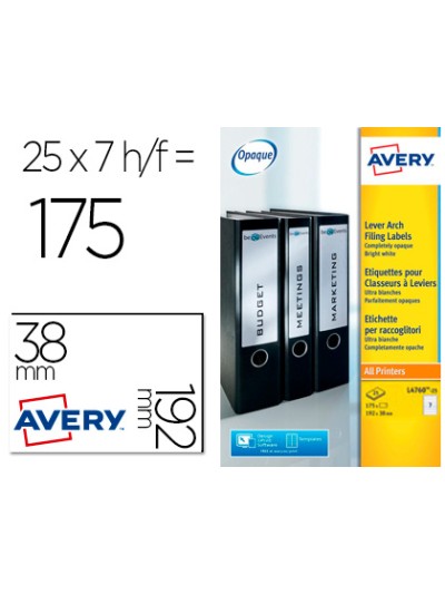 Etiqueta adhesiva avery permanente blanca 38x192 mm para lomo archivador laser caja de 175 unidades