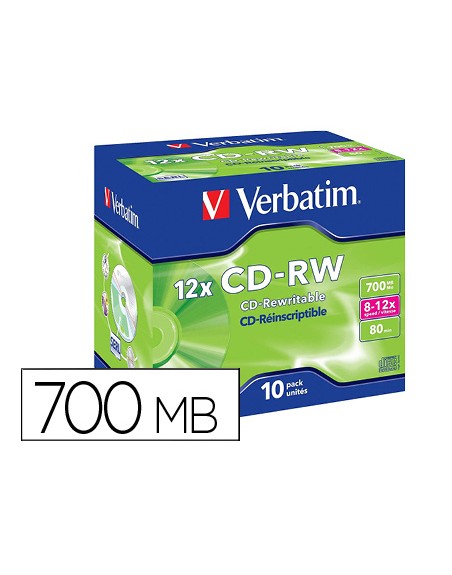 Cd-rw verbatim serl capacidad 700mb velocidad 12x 80 min pack de 10 unidades