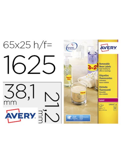Etiqueta adhesiva avery tamaño 38,1x21,2 mm removible amarillo fluorescente caja de 1625 unidades