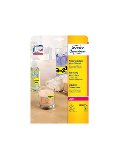 Etiqueta adhesiva avery tamaño 38,1x21,2 mm removible amarillo fluorescente caja de 1625 unidades