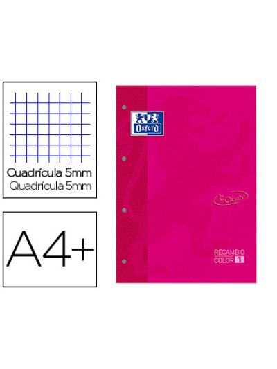 Recambio color 1 oxford din a4+ 80 hojas 90 gr cuadricula 5 mm tapa blanda 4 taladros fucsia touch