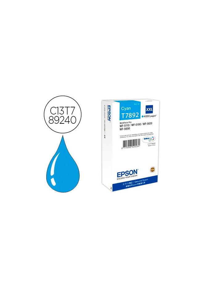 Ink-jet epson t7892xxl wf-5110 / 5190 / 5620 / 5690 cian alta capacidad Ink-jet epson t7892xxl wf-5110 / 5190 / 5620 / 5690 cian alta capacidad