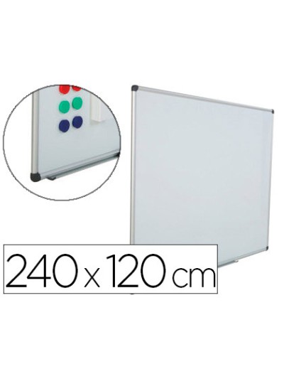 Pizarra blanca rocada acero vitrificado magnetico marco aluminio y cantoneras pvc 240x120 cm incluye bandeja