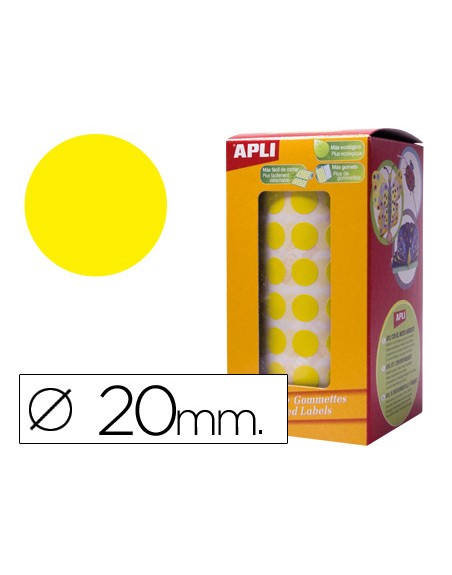Gomets autoadhesivos circulares 20 mm amarillo rollo de 1770 unidades