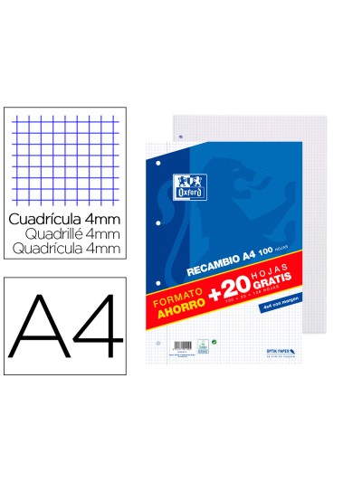 Recambio oxford a4 100 + 20 hojas gratis 90 gr cuadro 4mm 4 taladros