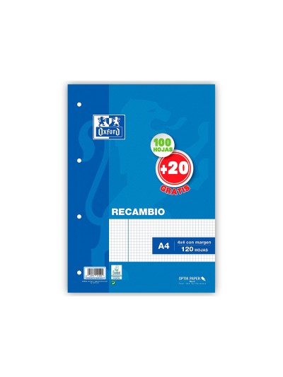 Recambio oxford a4 100 + 20 hojas gratis 90 gr cuadro 4mm 4 taladros