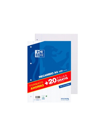 Recambio oxford a4 100 + 20 hojas gratis 90 gr cuadro 4mm 4 taladros