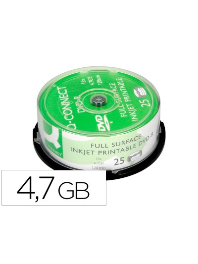Dvd-r q-connect con superficie 100% imprimible para inkjet capacidad 4,7gb duracion 120mivelocidad 16x bote de 25 unid