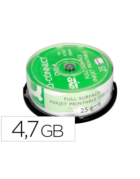 Dvd-r q-connect con superficie 100% imprimible para inkjet capacidad 4,7gb duracion 120mivelocidad 16x bote de 25 unid