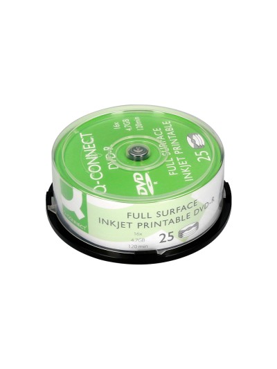 Dvd-r q-connect con superficie 100% imprimible para inkjet capacidad 4,7gb duracion 120mivelocidad 16x bote de 25 unid