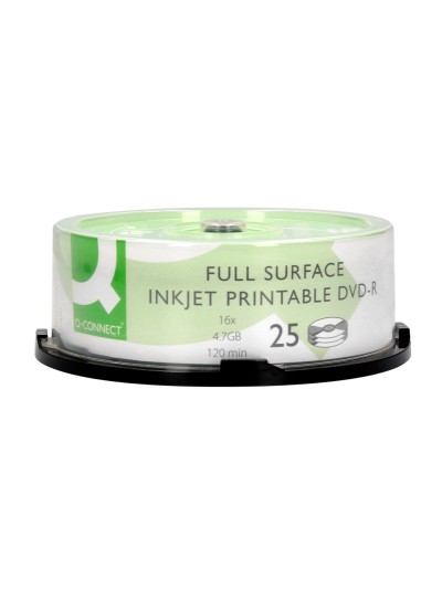 Dvd-r q-connect con superficie 100% imprimible para inkjet capacidad 4,7gb duracion 120mivelocidad 16x bote de 25 unid
