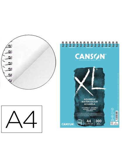 Bloc dibujo acuarela canson xl aquarelle grano fino din a4 microperforado espiral 21x29,7 cm 30 hojas 300 gr/m2