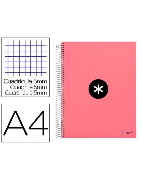Cuaderno espiral a4 micro antartik tapa forrada 120h 90 gr cuadro 5mm 5 bandas 4 taladros color coral