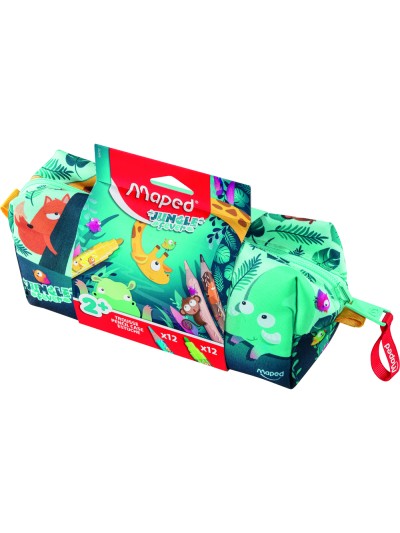 Bolso escolar portatodo maped ungle fever con 12 rotuladores colores surtidos + 12 lapices de colores