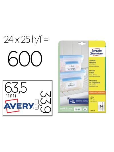 Etiqueta adhesiva avery para congelador blanca 63,5x33,9 mm ink-jet laser fotocopiadorapack de 600 unidades