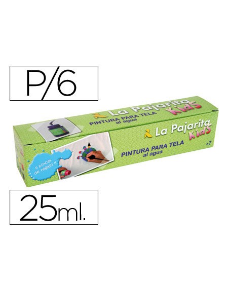Pintura para tela la pajarita kids 25 ml caja de 6 unidades colores surtidos + pincel