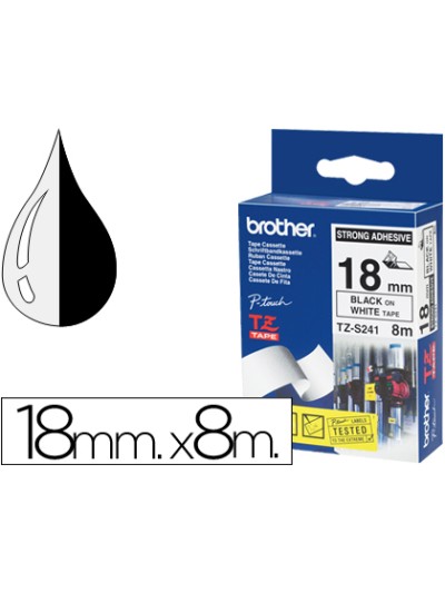 Cinta brother tzes241 blanco-negro 18mm longitud 8 mt superadhesiva