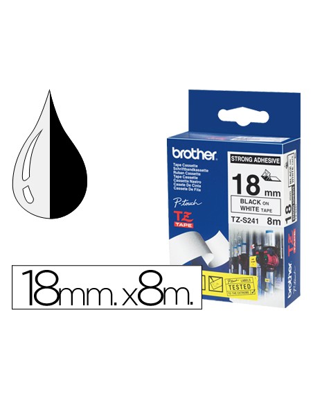 Cinta brother tzes241 blanco-negro 18mm longitud 8 mt superadhesiva