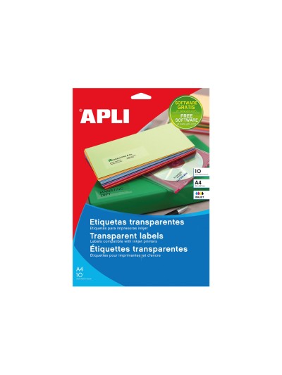 Etiquetas adhesivas apli transparentes poliester para impresora ink-jet 210x297 mm presentadas en carpetas de 10