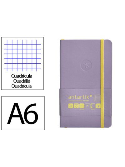 Cuaderno con gomilla antartik notes tapa blanda a6 cuadricula morado y amarillo 100 hojas 80 gr fsc