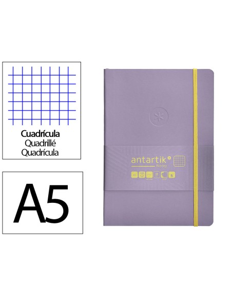 Cuaderno con gomilla antartik notes tapa blanda a5 hojas cuadricula morado y amarillo 80 hojas 80 gr fsc