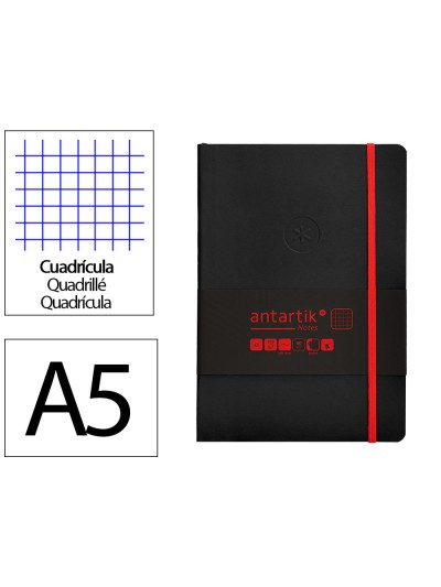Cuaderno con gomilla antartik notes tapa blanda a5 hojas cuadricula negro y rojo 80 hojas 80 gr fsc
