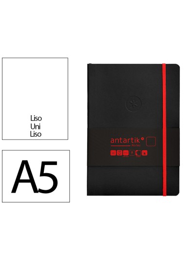 Cuaderno con gomilla antartik notes tapa blanda a5 hojas lisas negro y rojo 80 hojas 80 gr fsc