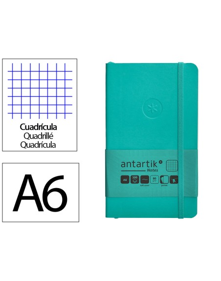 Cuaderno con gomilla antartik notes tapa blanda a6 cuadricula turquesa 100 hojas 80 gr fsc