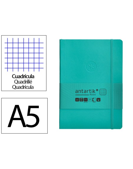 Cuaderno con gomilla antartik notes tapa blanda a5 hojas cuadricula turquesa 80 hojas 80 gr fsc