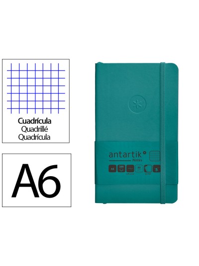 Cuaderno con gomilla antartik notes tapa blanda a6 cuadricula verde aguamarina 100 hojas 80 gr fsc