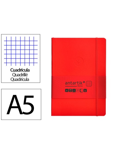 Cuaderno con gomilla antartik notes tapa blanda a5 hojas cuadricula rojo 80 hojas 80 gr fsc