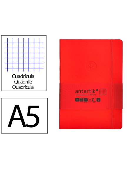 Cuaderno con gomilla antartik notes tapa blanda a5 hojas cuadricula rojo 80 hojas 80 gr fsc