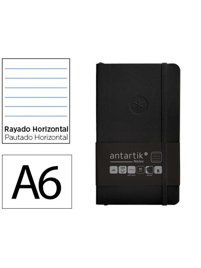 Cuaderno con gomilla antartik notes tapa blanda a6 rayas negro 100 hojas 80 gr fsc