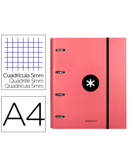 Carpeta con recambio antartik a4 cuadro 5mm forrada 4 anillas 40mm redondas con solapa color coral