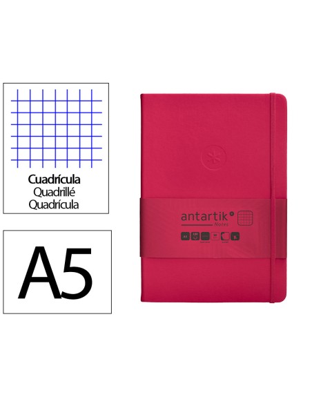 Cuaderno con gomilla antartik notes tapa dura a5 hojas cuadricula burdeos 100 hojas 80 gr fsc